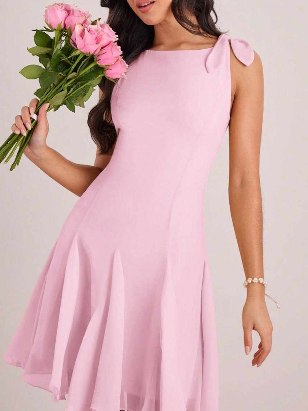 Baby Pink Elegant Romantic Women's Sleeveless Knotted Shoulder Mini Dress